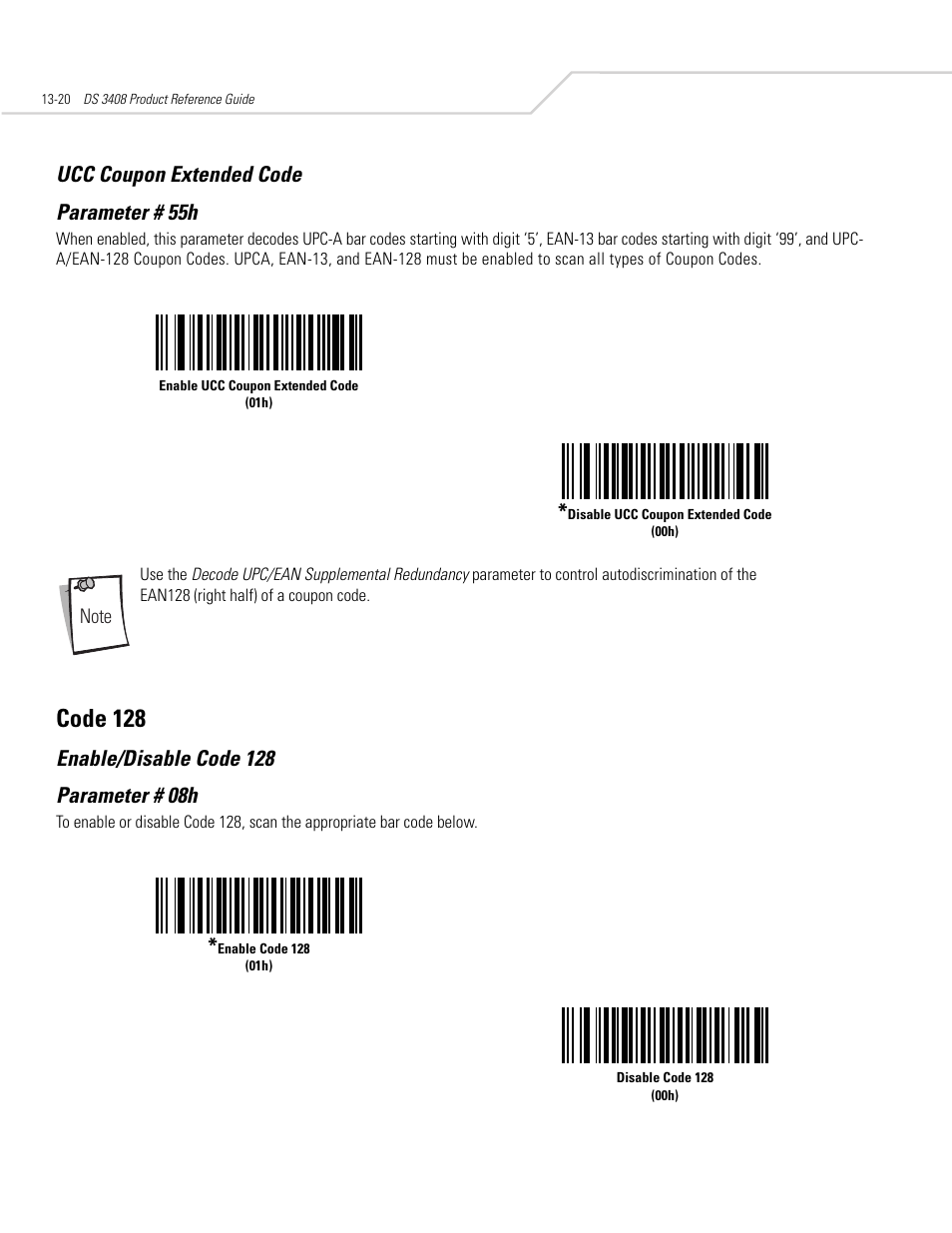 Ucc coupon extended code, Code 128, Enable/disable code 128 | Ucc coupon extended code -20, Code 128 -20, Enable/disable code 128 -20, Ucc coupon extended code parameter # 55h | Symbol Technologies DS 3408 User Manual | Page 178 / 396