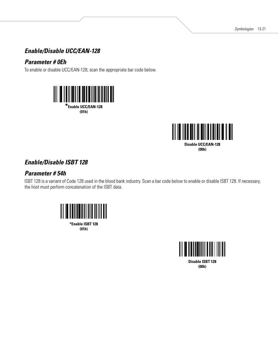 Enable/disable ucc/ean-128, Enable/disable isbt 128, Enable/disable ucc/ean-128 parameter # 0eh | Symbol Technologies DS 3408 User Manual | Page 179 / 396