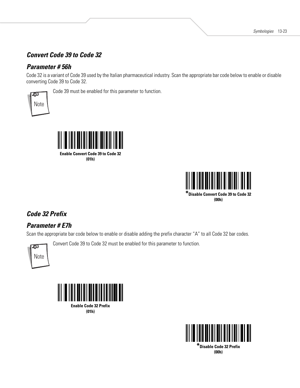 Convert code 39 to code 32, Code 32 prefix, Convert code 39 to code 32 -23 code 32 prefix -23 | Code 32 prefix parameter # e7h | Symbol Technologies DS 3408 User Manual | Page 181 / 396