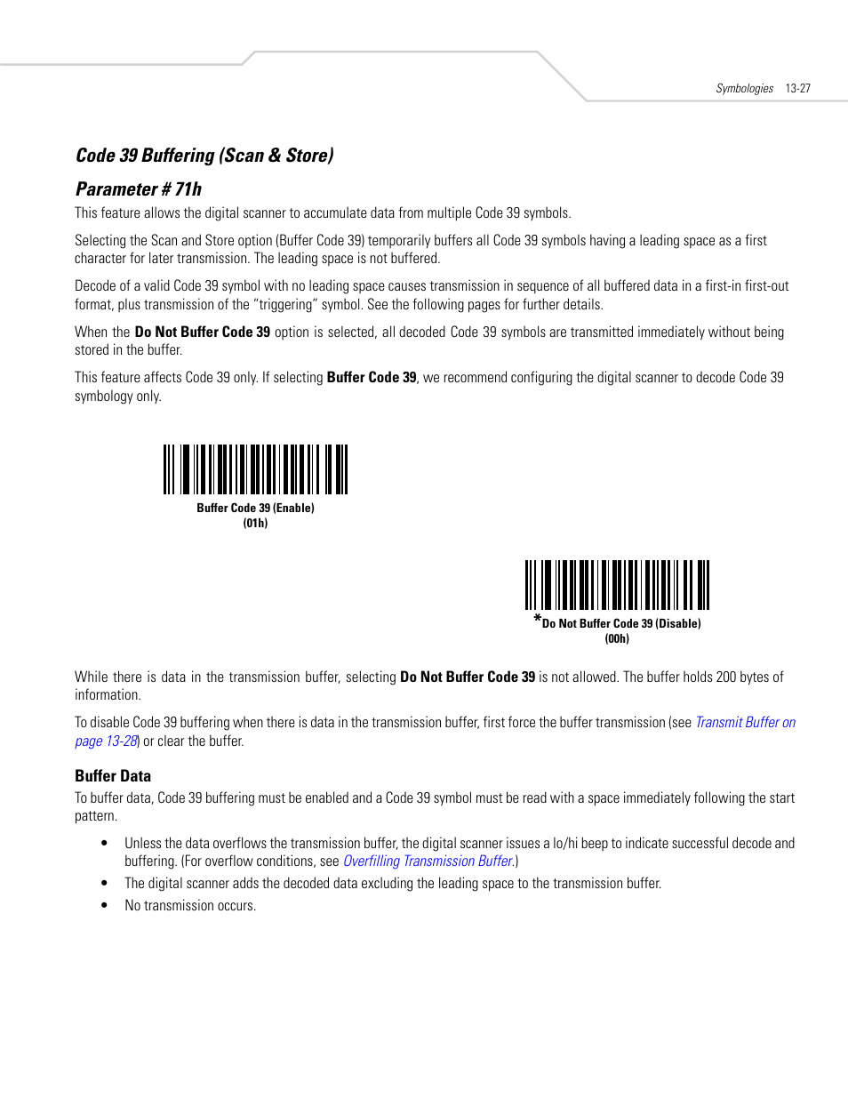 Code 39 buffering (scan & store), Code 39 buffering (scan & store) -27, Code 39 buffering (scan & store) parameter # 71h | Symbol Technologies DS 3408 User Manual | Page 185 / 396
