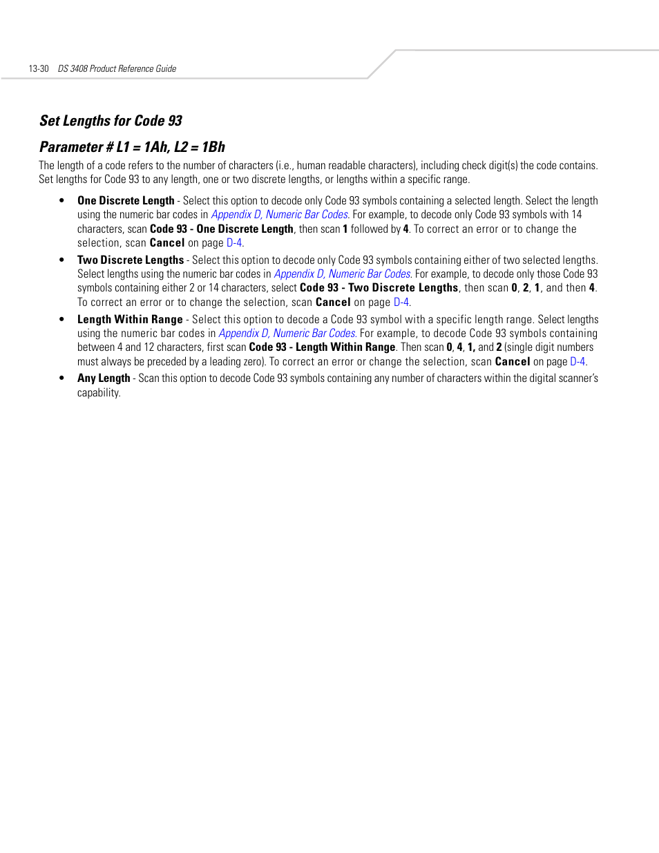 Set lengths for code 93, Set lengths for code 93 -30 | Symbol Technologies DS 3408 User Manual | Page 188 / 396