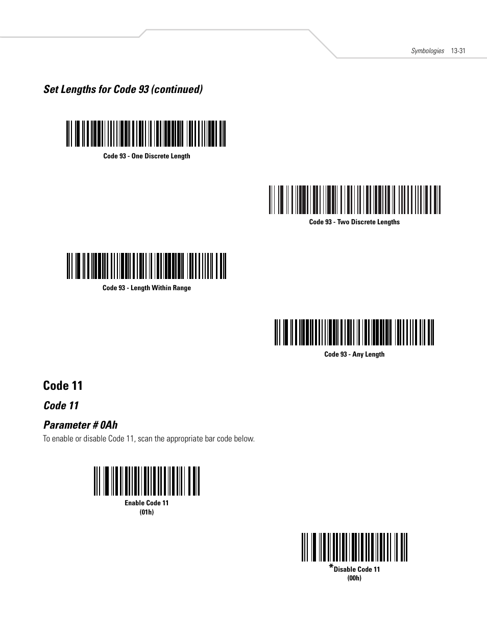 Code 11, Code 11 -31, Set lengths for code 93 (continued) | Code 11 parameter # 0ah | Symbol Technologies DS 3408 User Manual | Page 189 / 396