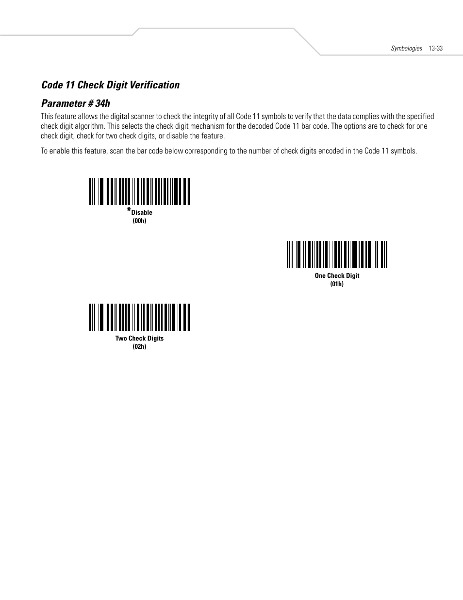 Code 11 check digit verification, Code 11 check digit verification -33, Code 11 check digit verification parameter # 34h | Symbol Technologies DS 3408 User Manual | Page 191 / 396