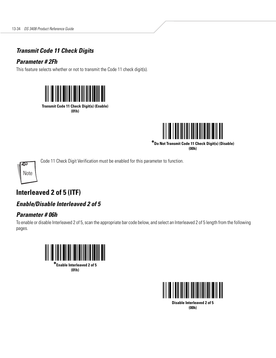 Transmit code 11 check digits, Interleaved 2 of 5 (itf), Enable/disable interleaved 2 of 5 | Transmit code 11 check digits -34, Interleaved 2 of 5 (itf) -34, Enable/disable interleaved 2 of 5 -34, Transmit code 11 check digits parameter # 2fh, Enable/disable interleaved 2 of 5 parameter # 06h | Symbol Technologies DS 3408 User Manual | Page 192 / 396