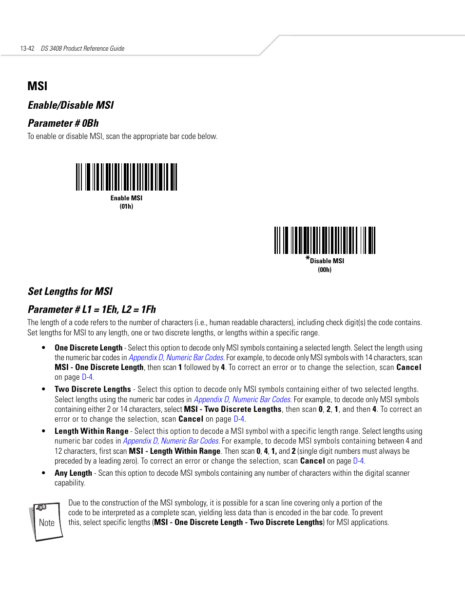 Enable/disable msi, Set lengths for msi, Msi -42 | Enable/disable msi -42 set lengths for msi -42, Enable/disable msi parameter # 0bh, Set lengths for msi parameter # l1 = 1eh, l2 = 1fh | Symbol Technologies DS 3408 User Manual | Page 200 / 396
