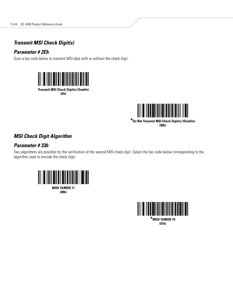 Transmit msi check digit(s), Msi check digit algorithm, Transmit msi check digit(s) -44 | Msi check digit algorithm -44, Transmit msi check digit(s) parameter # 2eh, Msi check digit algorithm parameter # 33h | Symbol Technologies DS 3408 User Manual | Page 202 / 396