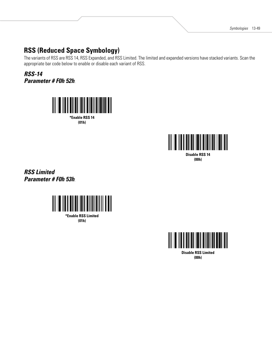 Rss (reduced space symbology), Rss-14, Rss limited | Rss (reduced space symbology) -49, Rss-14 -49 rss limited -49, Rss limited parameter # f0h 53h | Symbol Technologies DS 3408 User Manual | Page 207 / 396
