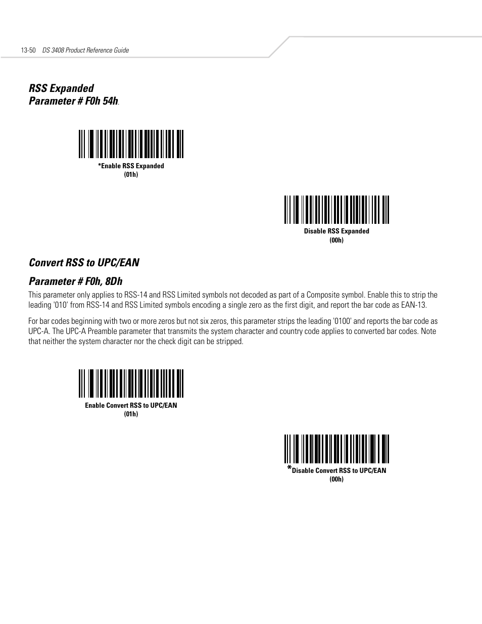Rss expanded, Convert rss to upc/ean, Rss expanded -50 convert rss to upc/ean -50 | Rss expanded parameter # f0h 54h, Convert rss to upc/ean parameter # f0h, 8dh | Symbol Technologies DS 3408 User Manual | Page 208 / 396