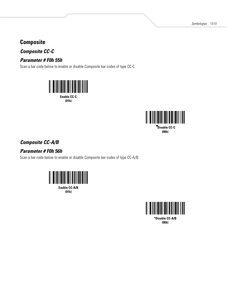 Composite, Composite cc-c, Composite cc-a/b | Composite -51, Composite cc-c -51 composite cc-a/b -51, Composite cc-c parameter # f0h 55h, Composite cc-a/b parameter # f0h 56h | Symbol Technologies DS 3408 User Manual | Page 209 / 396