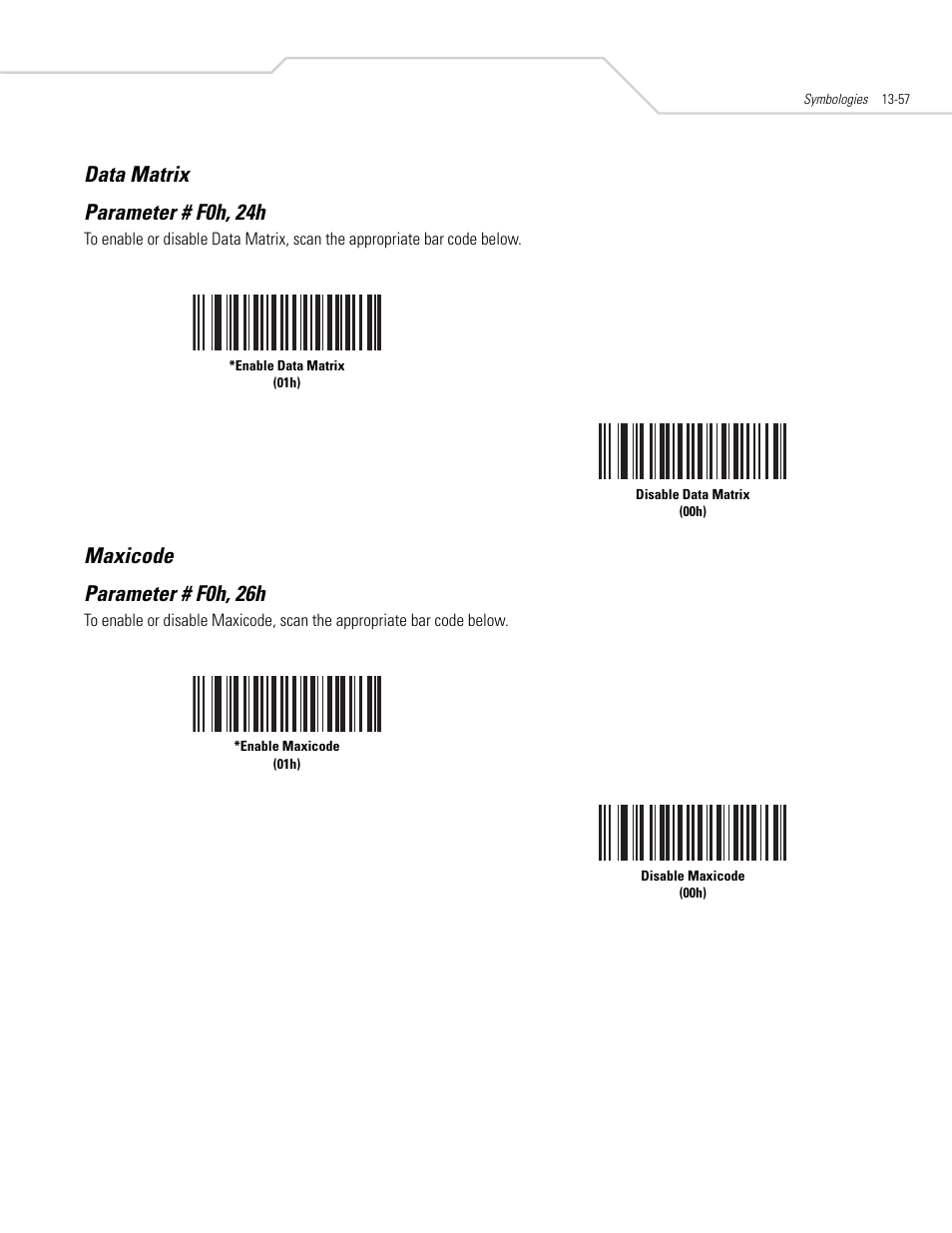 Data matrix, Maxicode, Data matrix -57 maxicode -57 | Data matrix parameter # f0h, 24h, Maxicode parameter # f0h, 26h | Symbol Technologies DS 3408 User Manual | Page 215 / 396