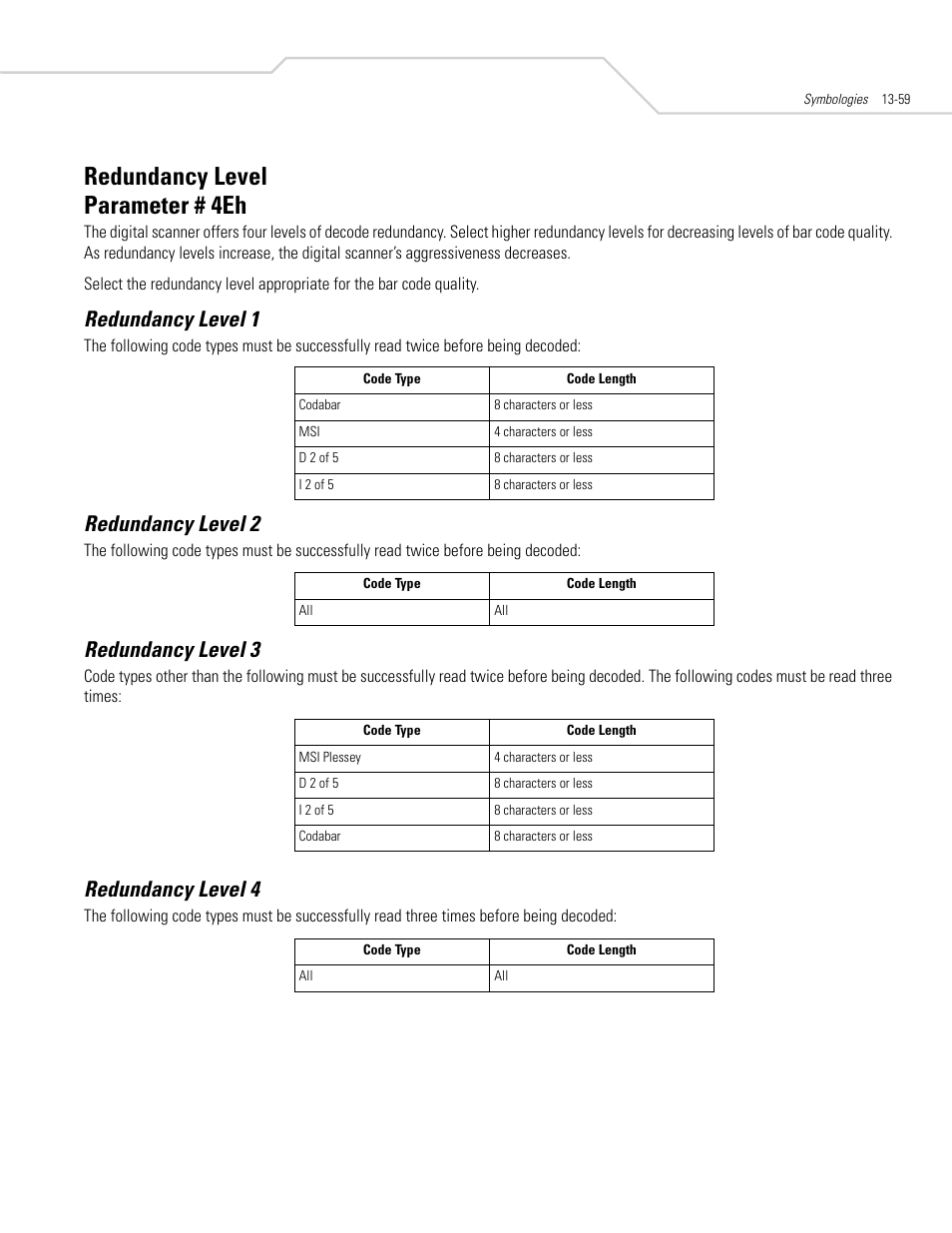 Redundancy level, Redundancy level -59, Redundancy level parameter # 4eh | Redundancy level 1, Redundancy level 2, Redundancy level 3, Redundancy level 4 | Symbol Technologies DS 3408 User Manual | Page 217 / 396