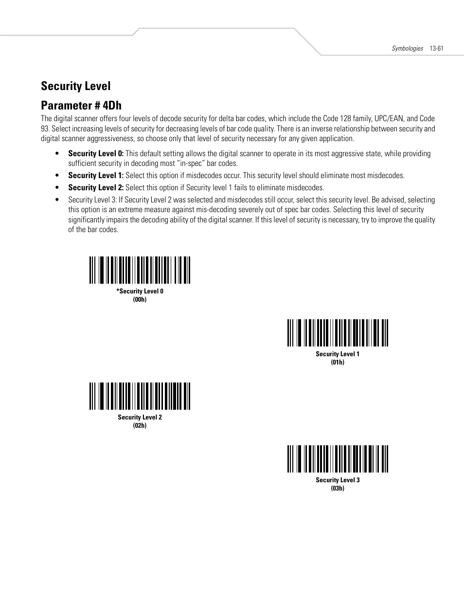 Security level, Security level -61, Security level parameter # 4dh | Symbol Technologies DS 3408 User Manual | Page 219 / 396