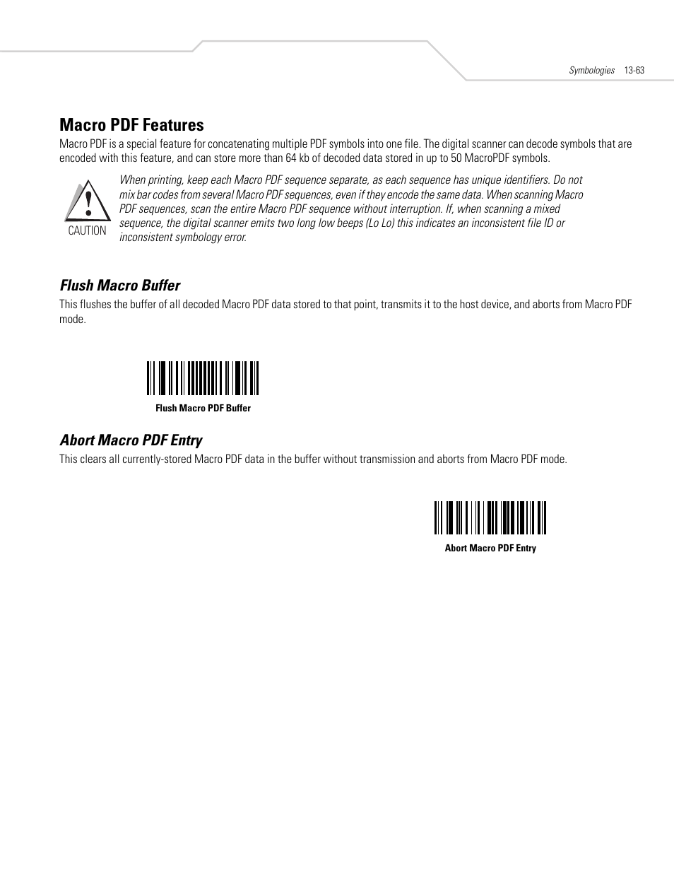 Macro pdf features, Flush macro buffer, Abort macro pdf entry | Macro pdf features -63, Flush macro buffer -63 abort macro pdf entry -63 | Symbol Technologies DS 3408 User Manual | Page 221 / 396