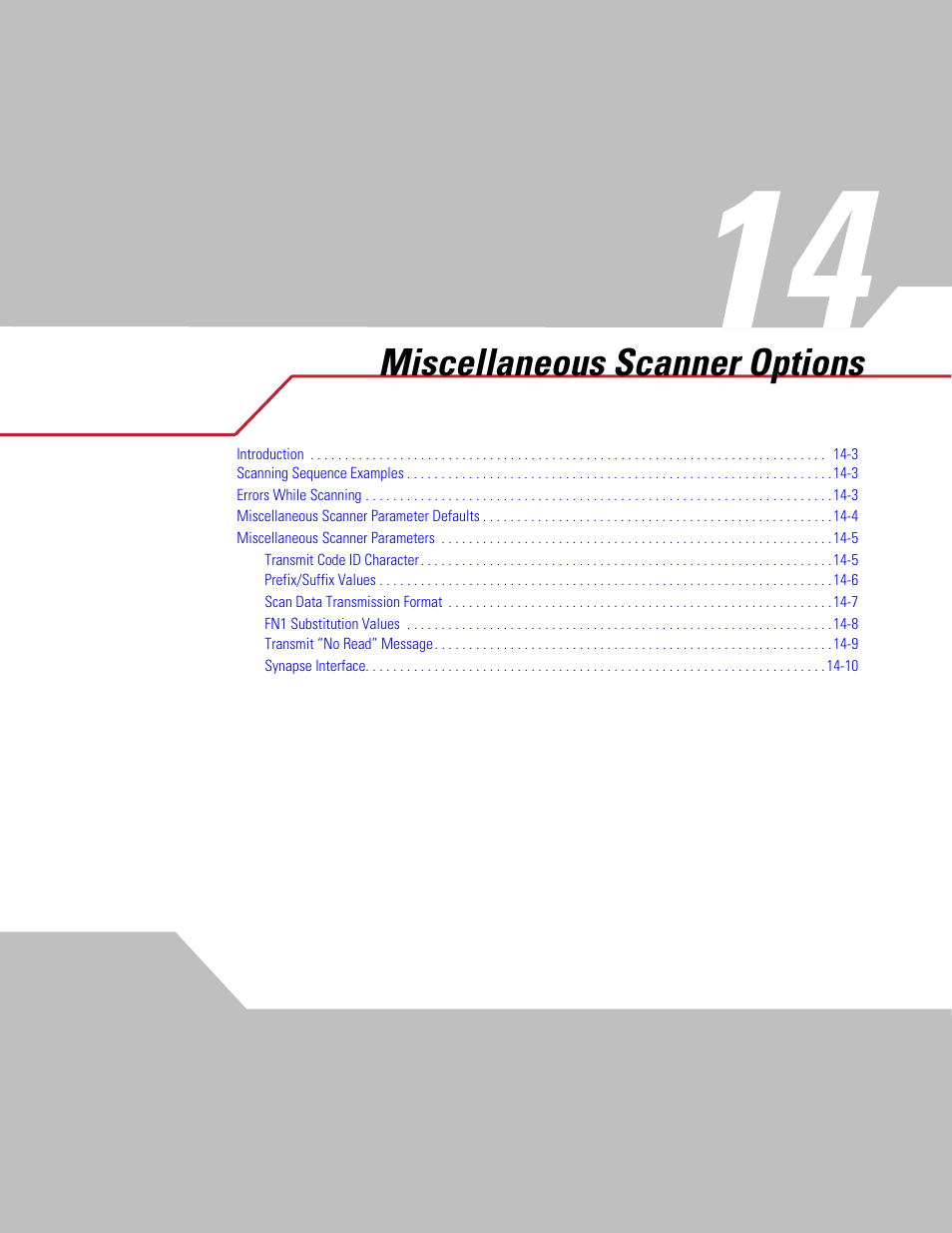 Miscellaneous scanner options, Chapter 14. miscellaneous scanner options, Chapter 14, miscellaneous scanner options | Symbol Technologies DS 3408 User Manual | Page 223 / 396