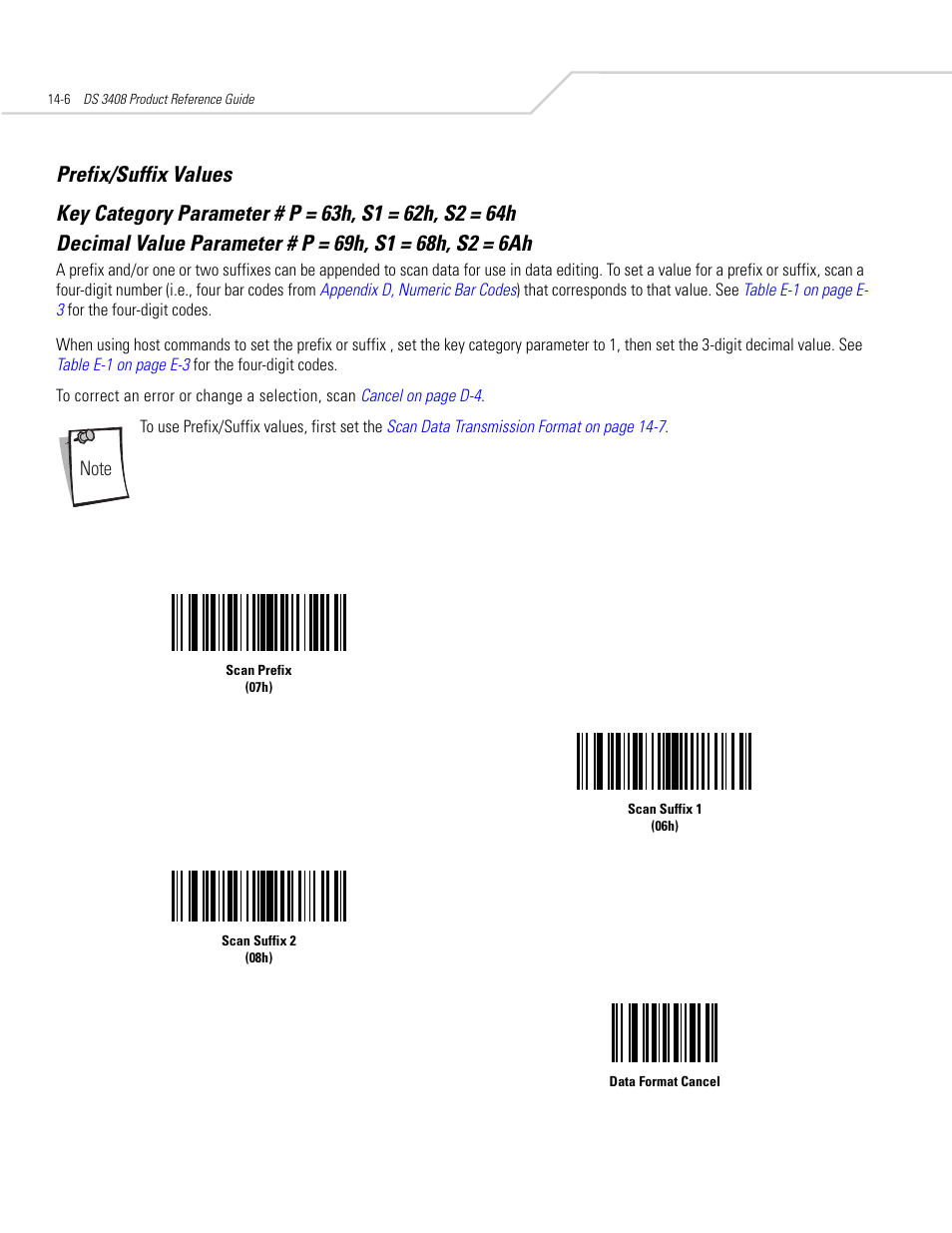 Prefix/suffix values, Prefix/suffix values -6 | Symbol Technologies DS 3408 User Manual | Page 228 / 396