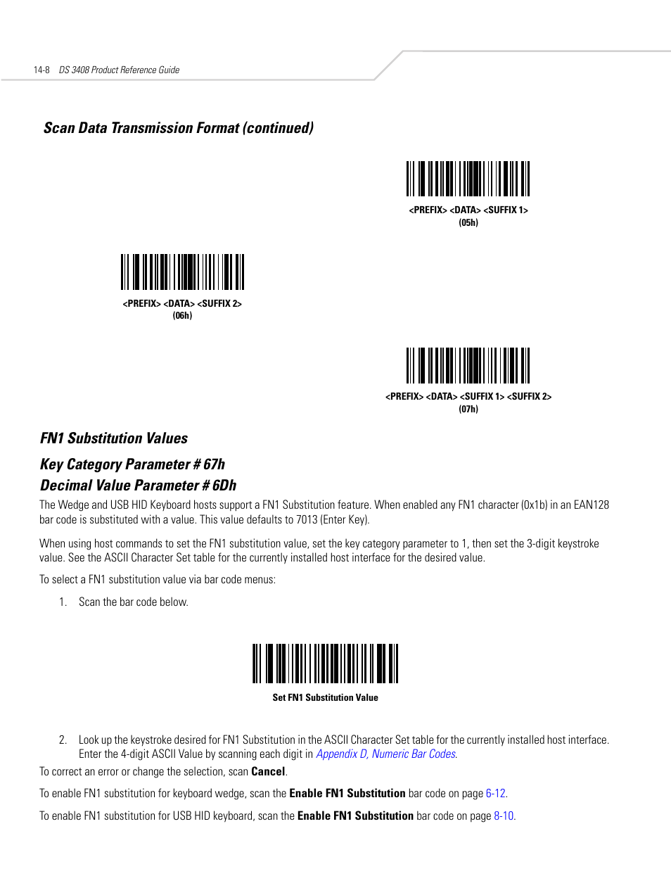 Fn1 substitution values, Fn1 substitution values -8, Scan data transmission format (continued) | Symbol Technologies DS 3408 User Manual | Page 230 / 396