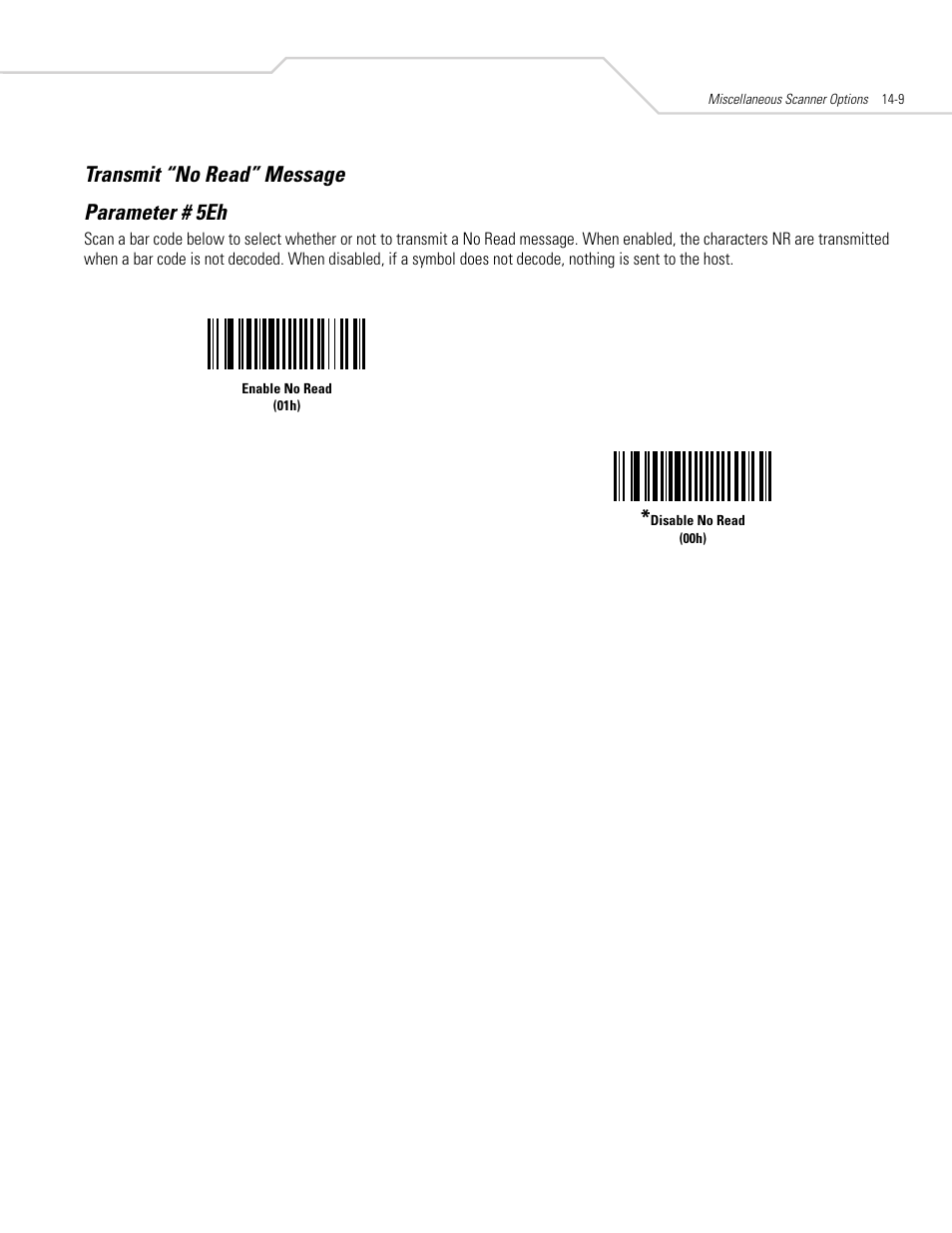 Transmit “no read” message, Transmit “no read” message -9, Transmit “no read” message parameter # 5eh | Symbol Technologies DS 3408 User Manual | Page 231 / 396