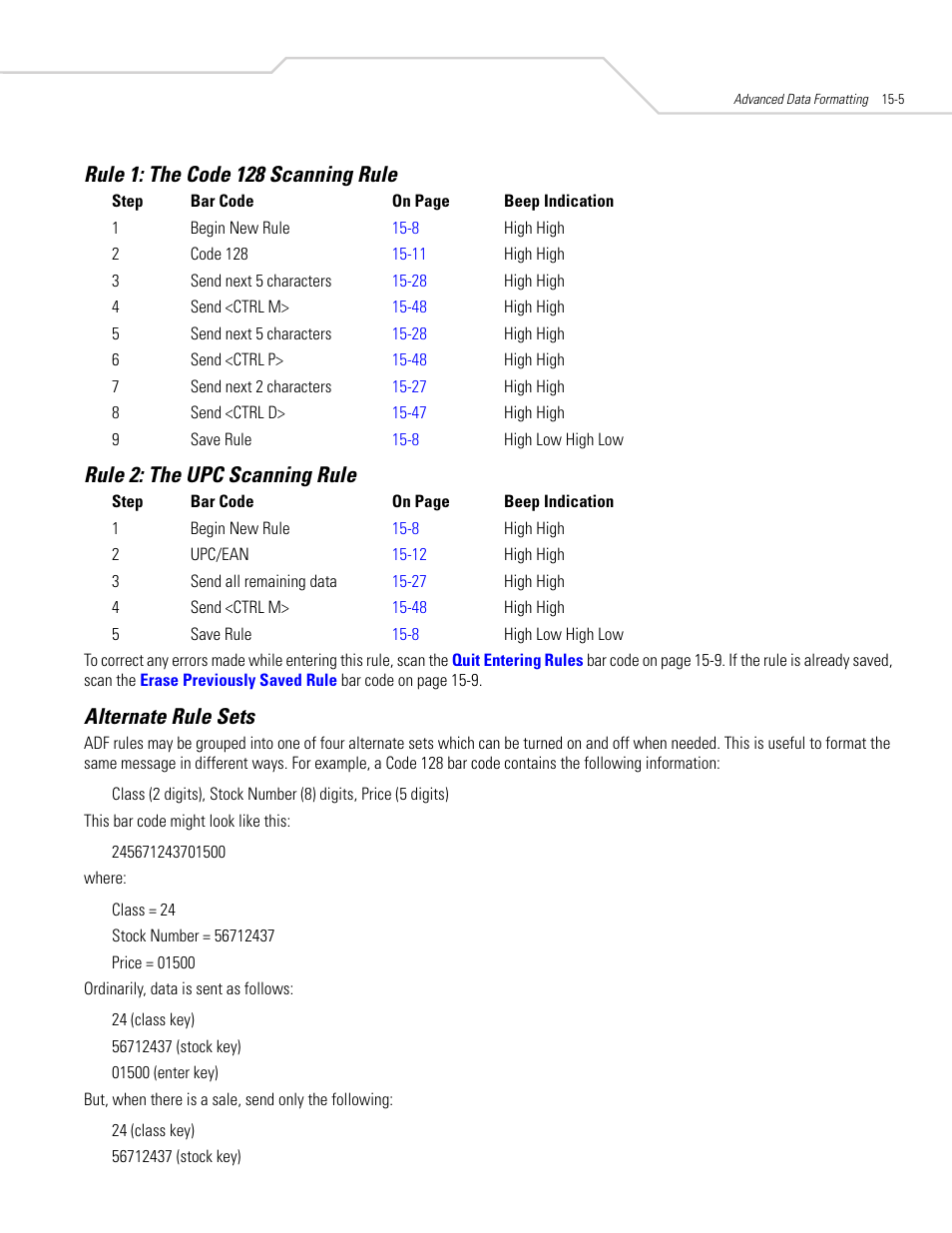 Rule 1: the code 128 scanning rule, Rule 2: the upc scanning rule, Alternate rule sets | Symbol Technologies DS 3408 User Manual | Page 237 / 396
