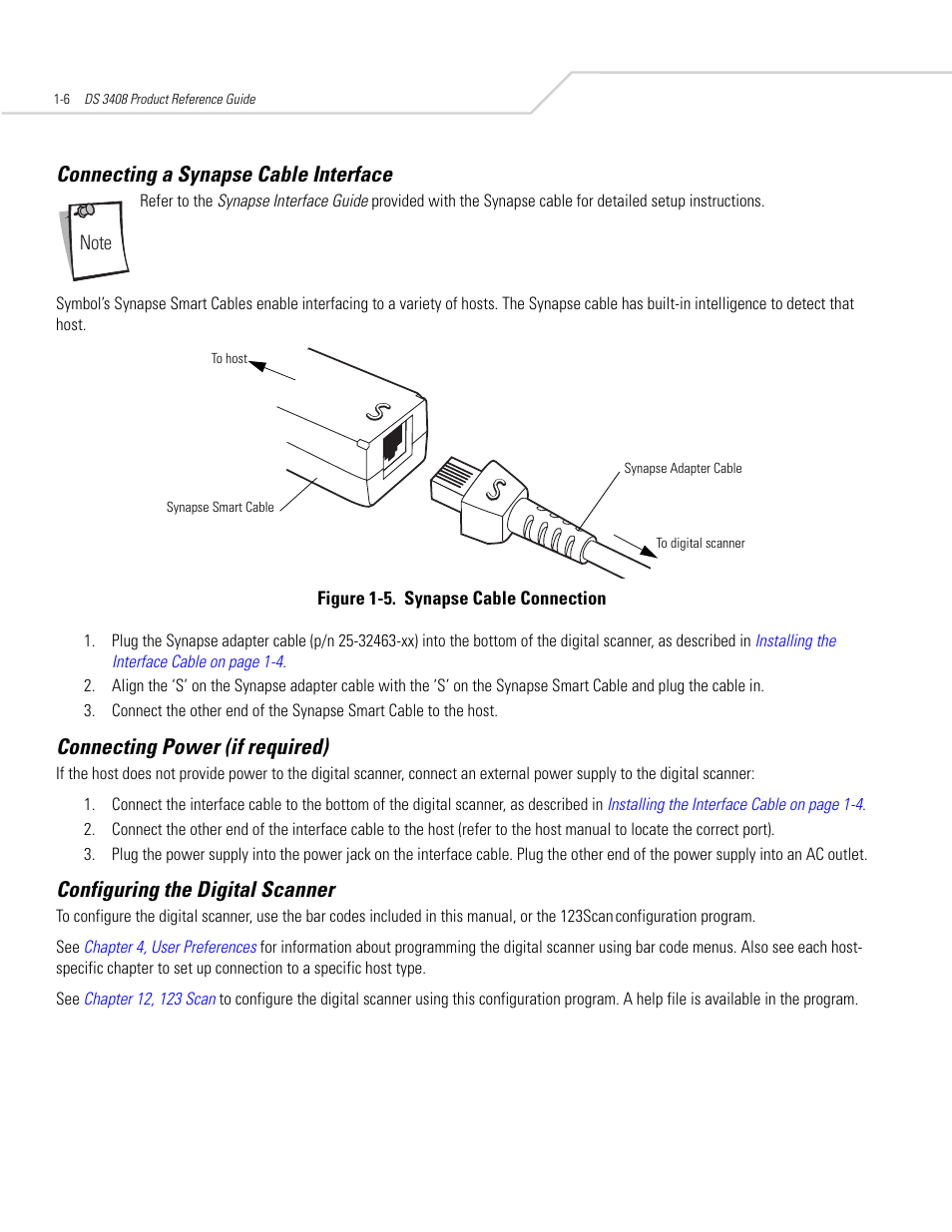 Connecting a synapse cable interface, Connecting power (if required), Configuring the digital scanner | Connecting a synapse cable interface -6 | Symbol Technologies DS 3408 User Manual | Page 24 / 396