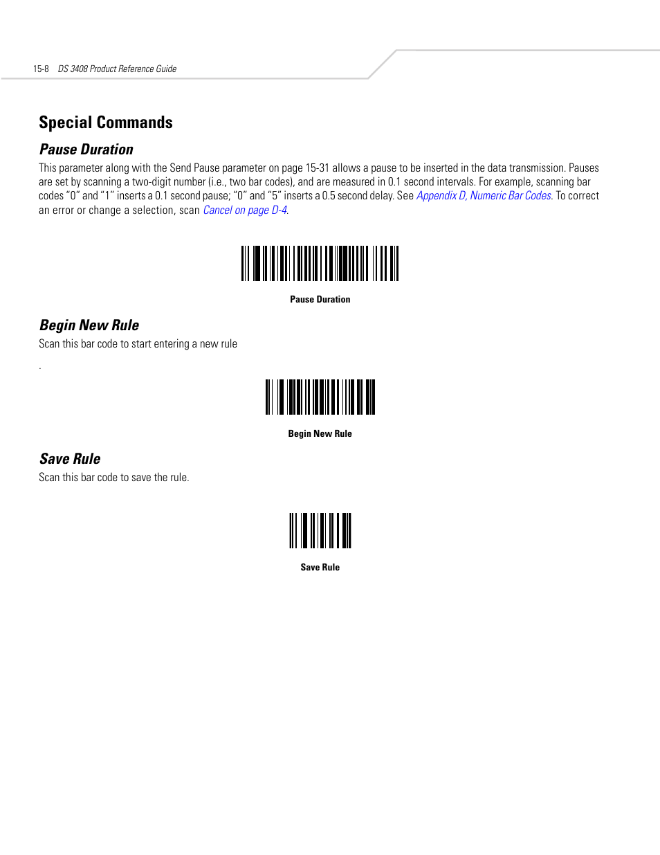 Special commands, Pause duration, Begin new rule | Save rule, Special commands -8, Pause duration -8 begin new rule -8 save rule -8 | Symbol Technologies DS 3408 User Manual | Page 240 / 396