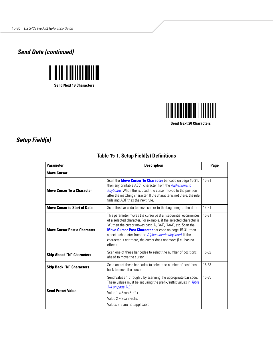 Setup field(s), Setup field(s) -30, Setup field(s) send data (continued) | Table 15-1. setup field(s) definitions | Symbol Technologies DS 3408 User Manual | Page 262 / 396
