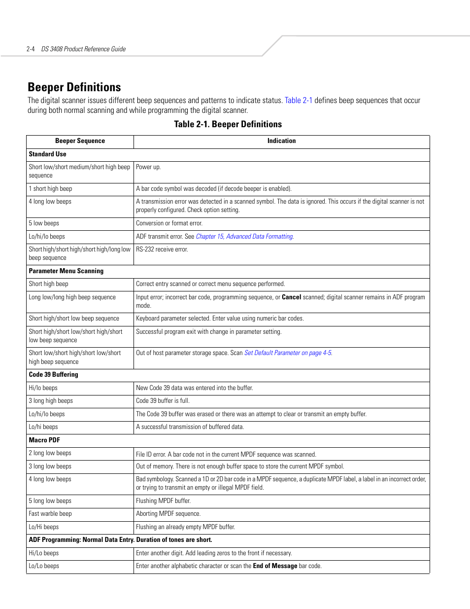 Beeper definitions, Beeper definitions -4, Table 2-1. beeper definitions | Symbol Technologies DS 3408 User Manual | Page 28 / 396