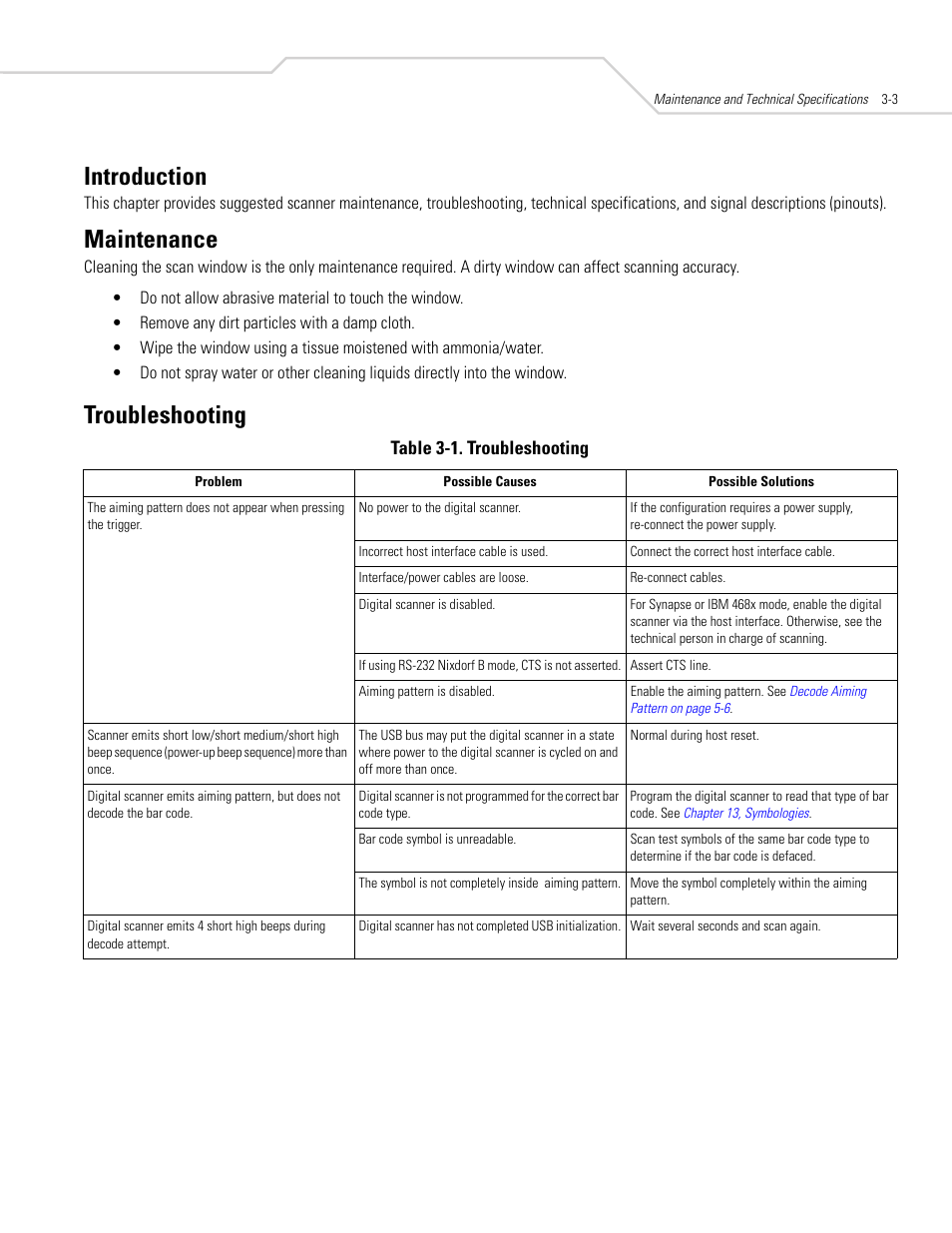Introduction, Maintenance, Troubleshooting | Introduction -3 maintenance -3, Troubleshooting -3 | Symbol Technologies DS 3408 User Manual | Page 39 / 396