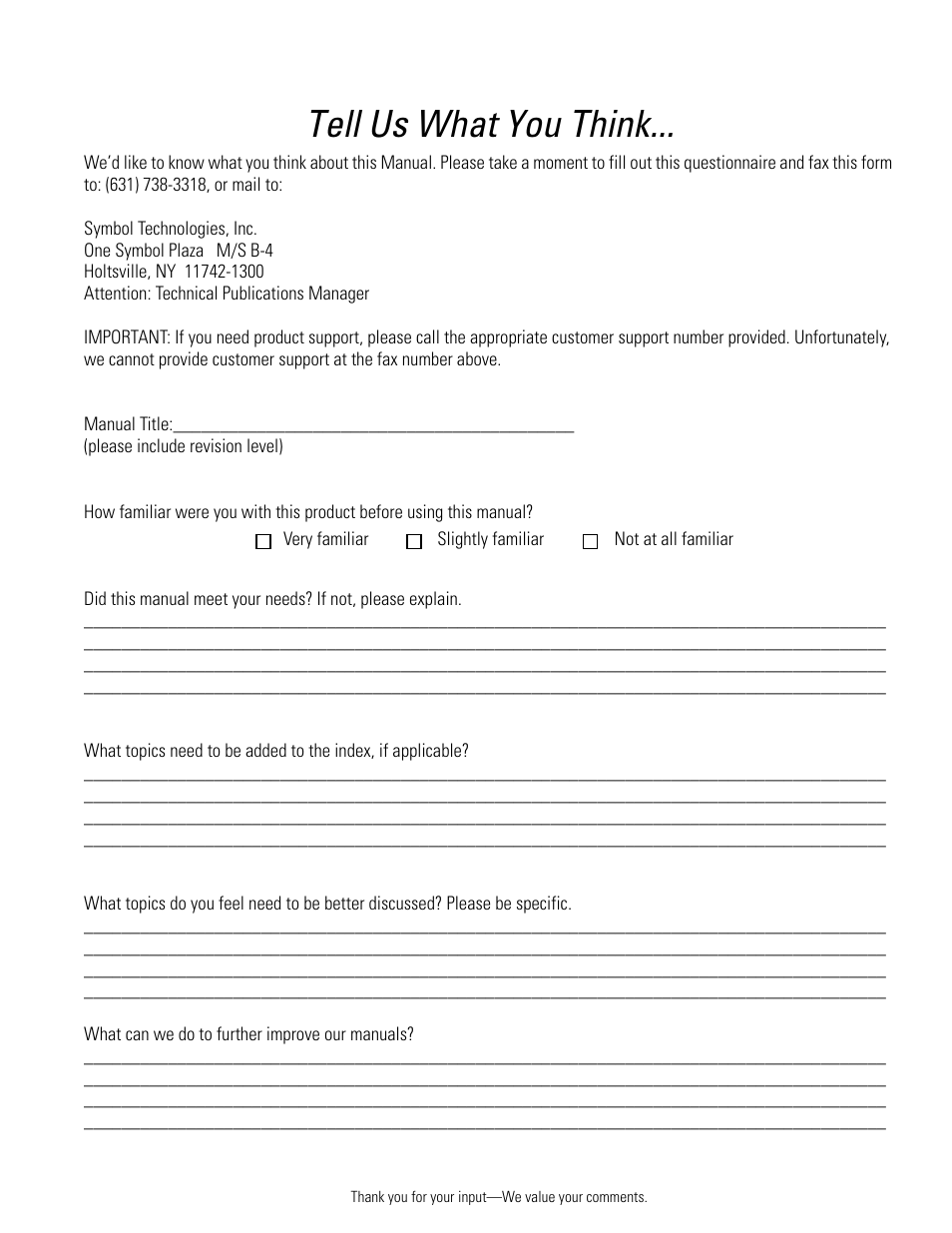 Tell us what you think | Symbol Technologies DS 3408 User Manual | Page 393 / 396