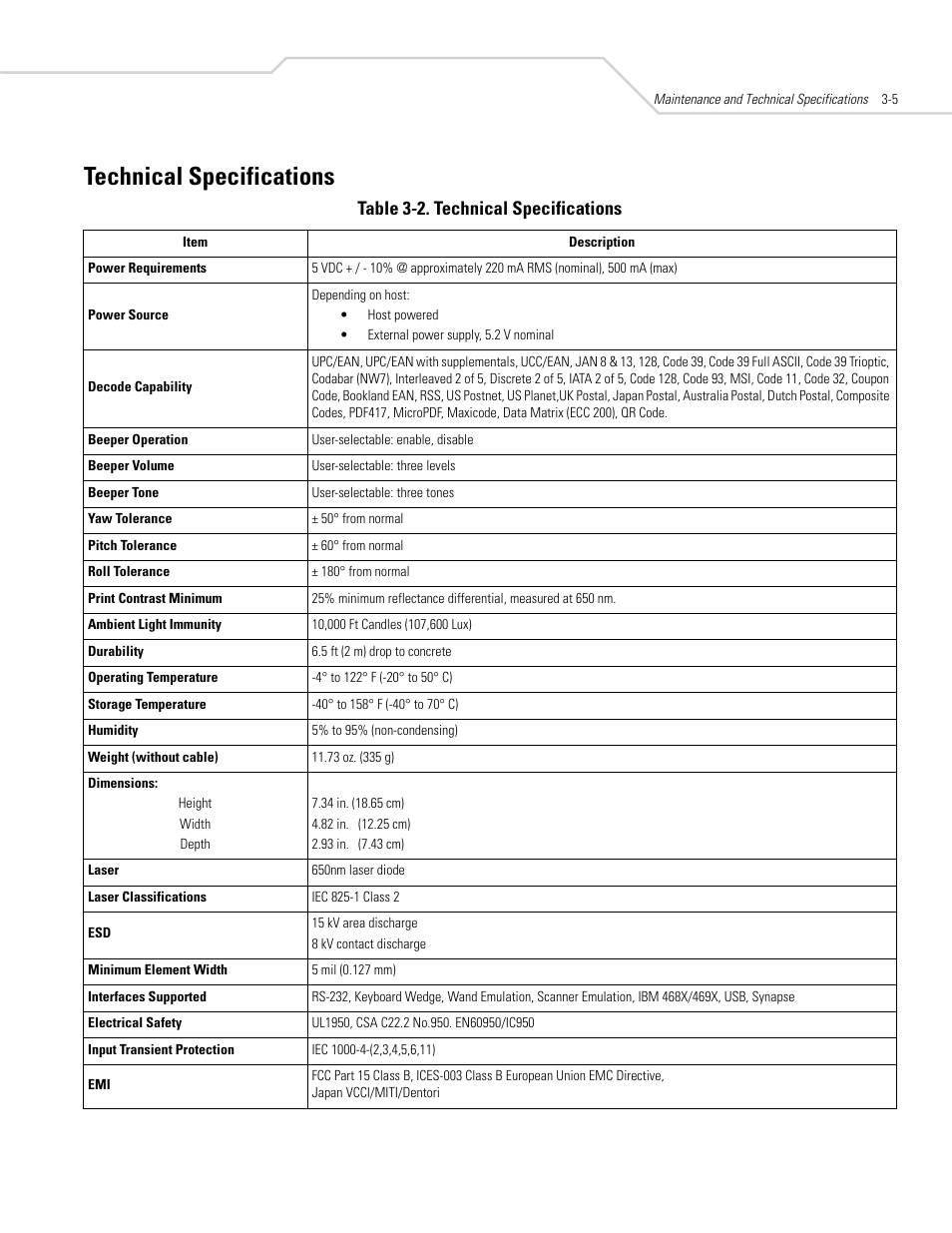 Technical specifications, Technical specifications -5, Table 3-2. technical specifications | Symbol Technologies DS 3408 User Manual | Page 41 / 396