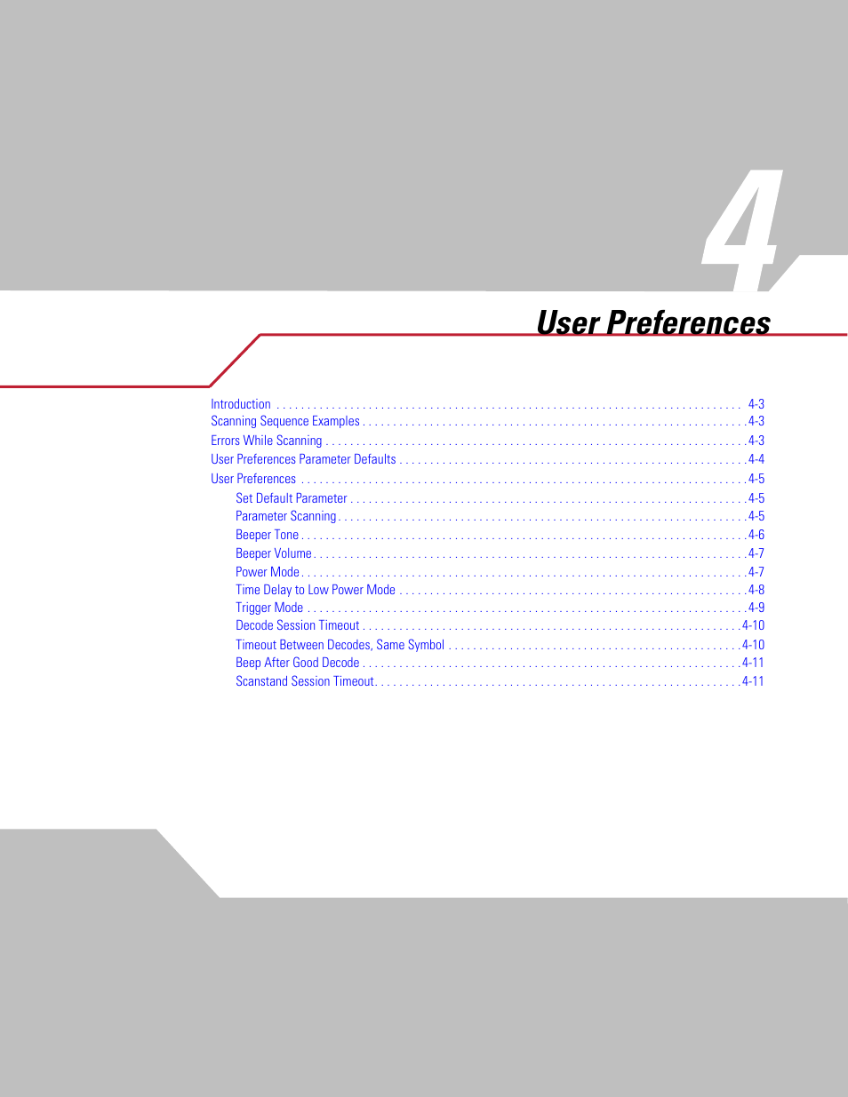 User preferences, Chapter 4. user preferences, Chapter 4, user preferences | For in | Symbol Technologies DS 3408 User Manual | Page 43 / 396