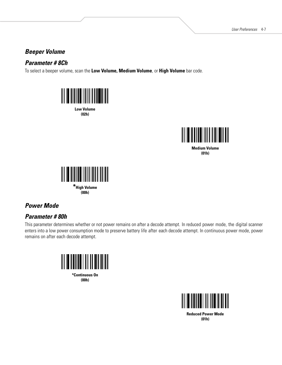 Beeper volume, Power mode, Beeper volume -7 power mode -7 | Beeper volume parameter # 8ch, Power mode parameter # 80h | Symbol Technologies DS 3408 User Manual | Page 49 / 396