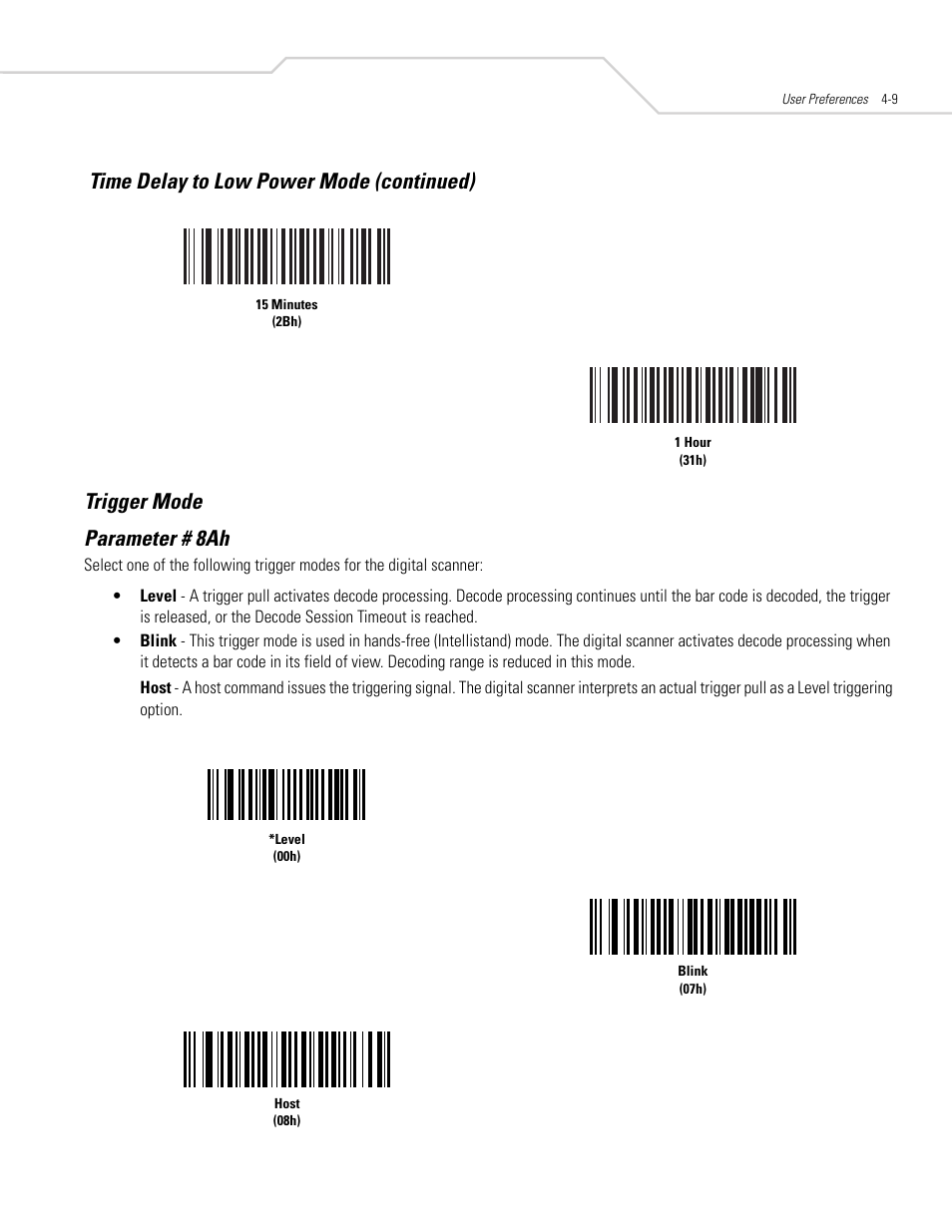 Trigger mode, Trigger mode -9, Trigger mode parameter # 8ah | Time delay to low power mode (continued) | Symbol Technologies DS 3408 User Manual | Page 51 / 396