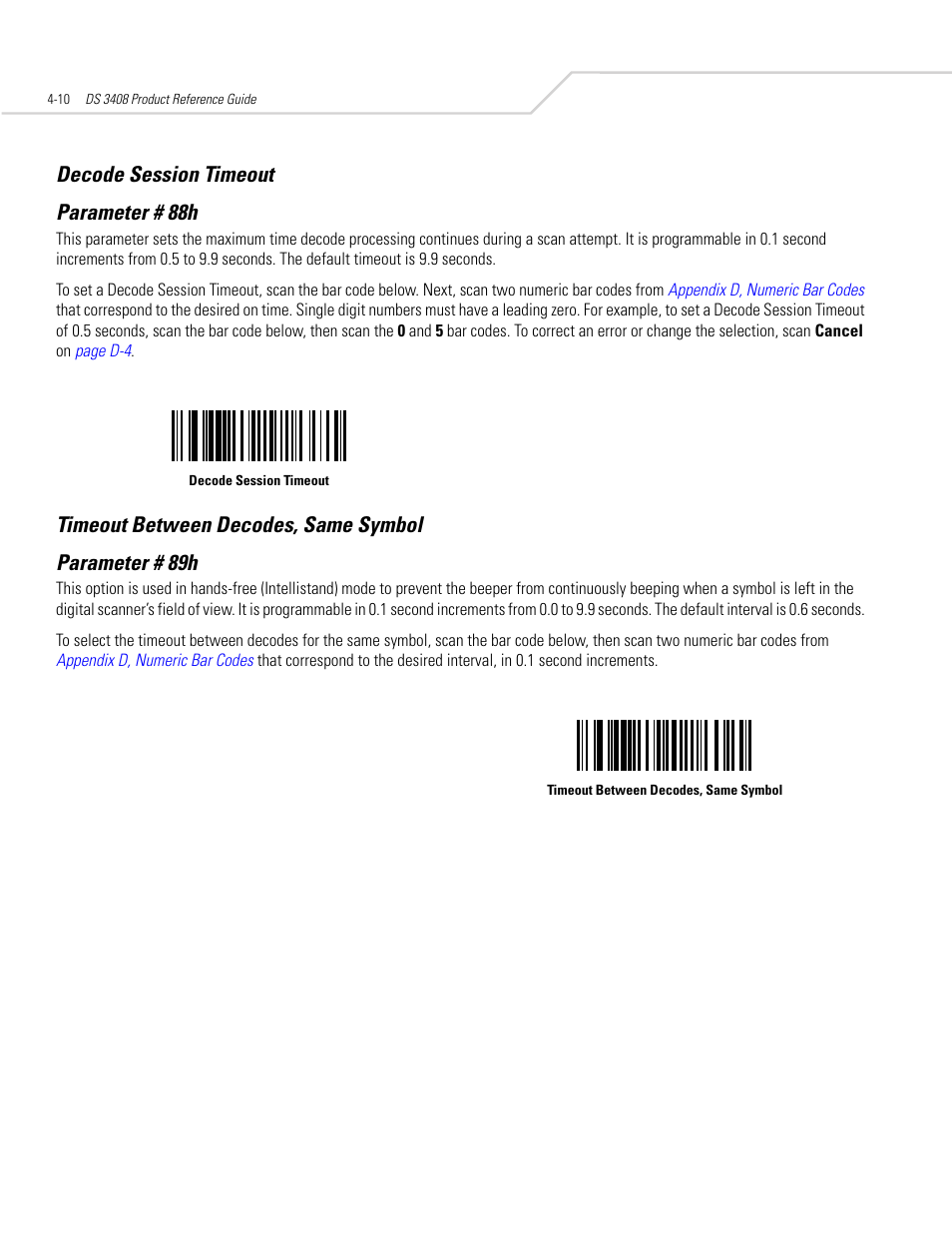 Decode session timeout, Timeout between decodes, same symbol, Timeout between decodes, same symbol -10 | Decode session timeout parameter # 88h | Symbol Technologies DS 3408 User Manual | Page 52 / 396