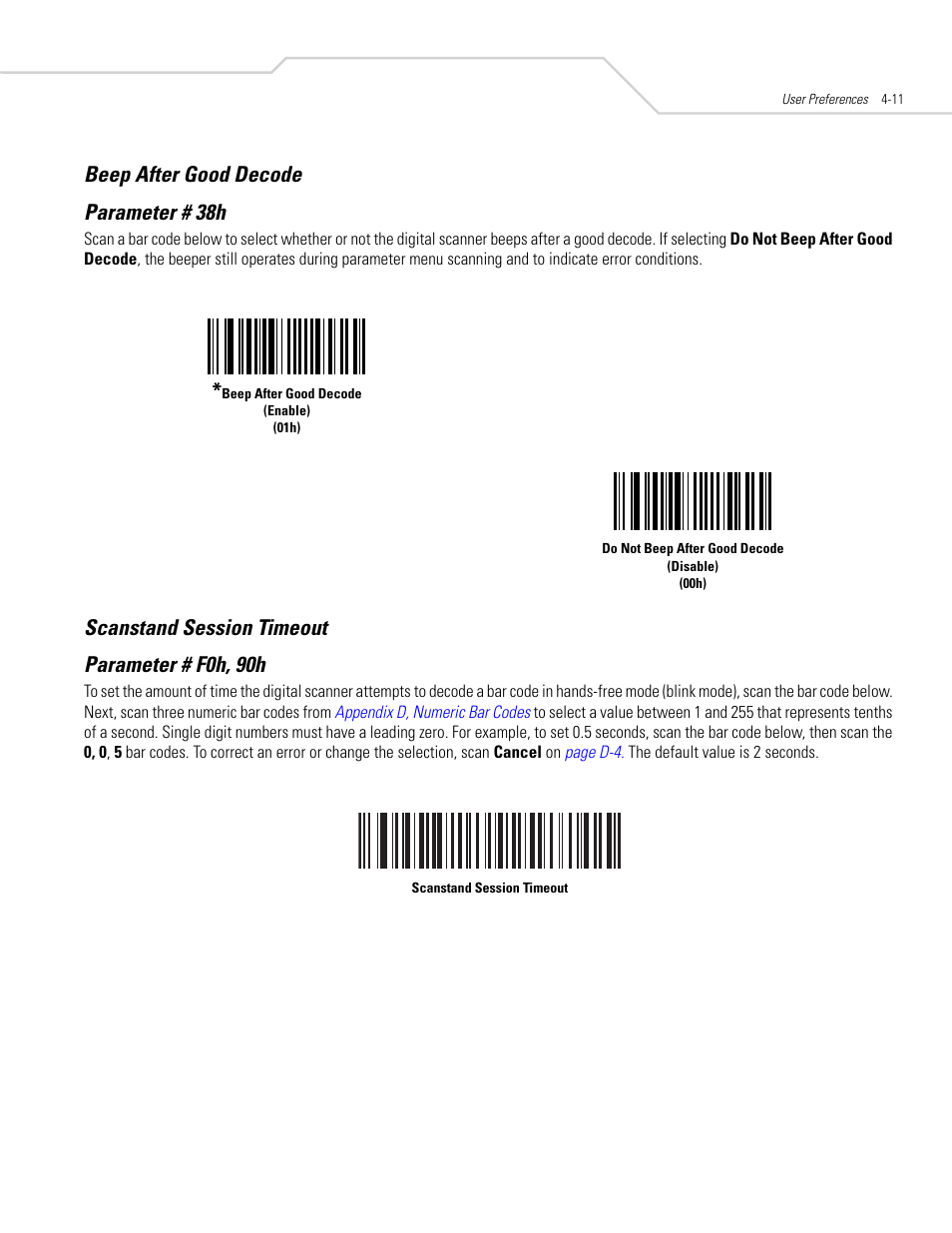 Beep after good decode, Scanstand session timeout, Beep after good decode parameter # 38h | Scanstand session timeout parameter # f0h, 90h | Symbol Technologies DS 3408 User Manual | Page 53 / 396