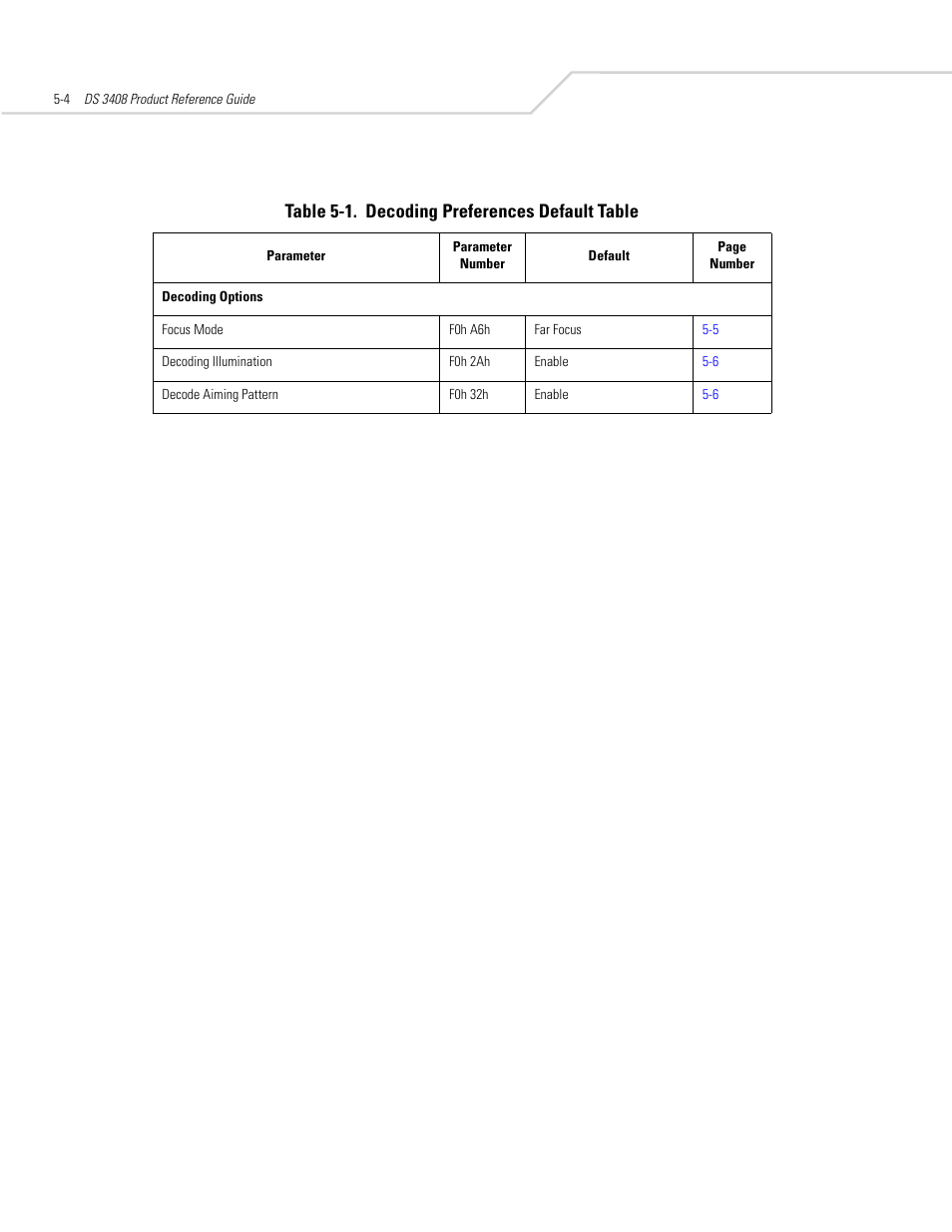 Table 5-1, Lists, Table 5-1. decoding preferences default table | Symbol Technologies DS 3408 User Manual | Page 58 / 396