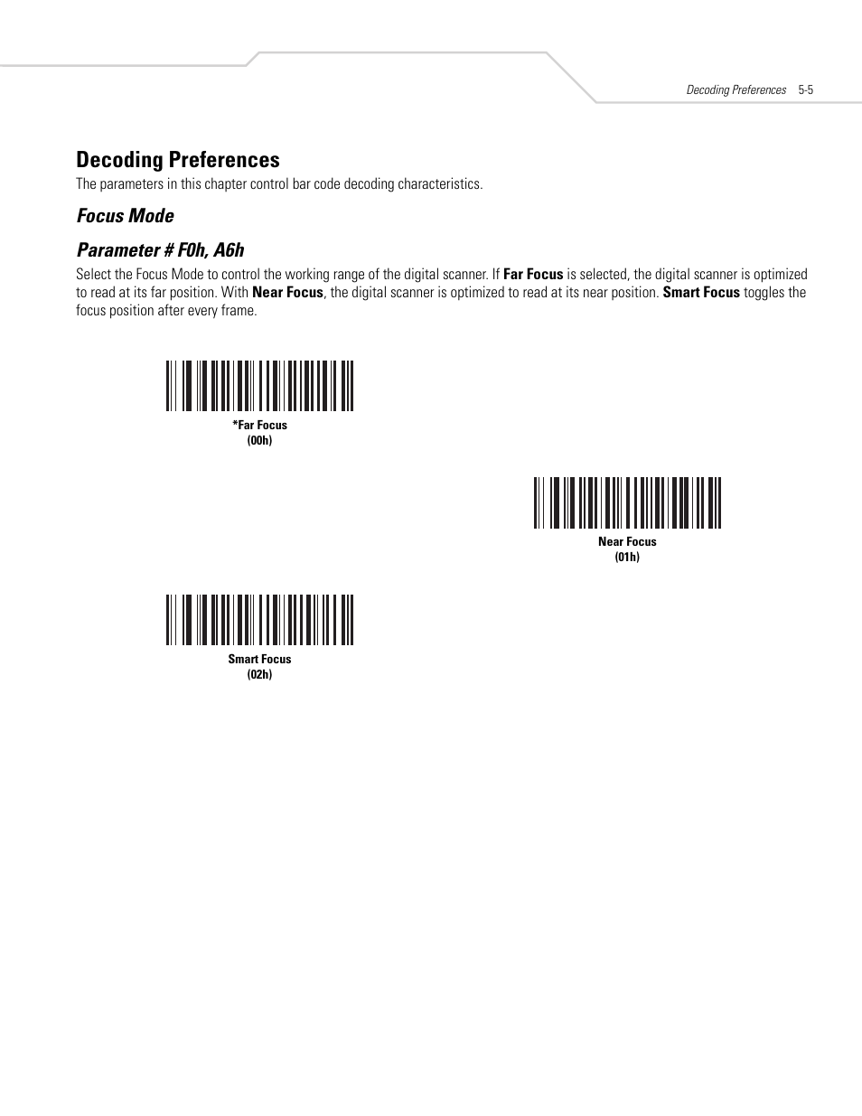 Decoding preferences, Focus mode, Decoding preferences -5 | Focus mode -5, Focus mode parameter # f0h, a6h | Symbol Technologies DS 3408 User Manual | Page 59 / 396