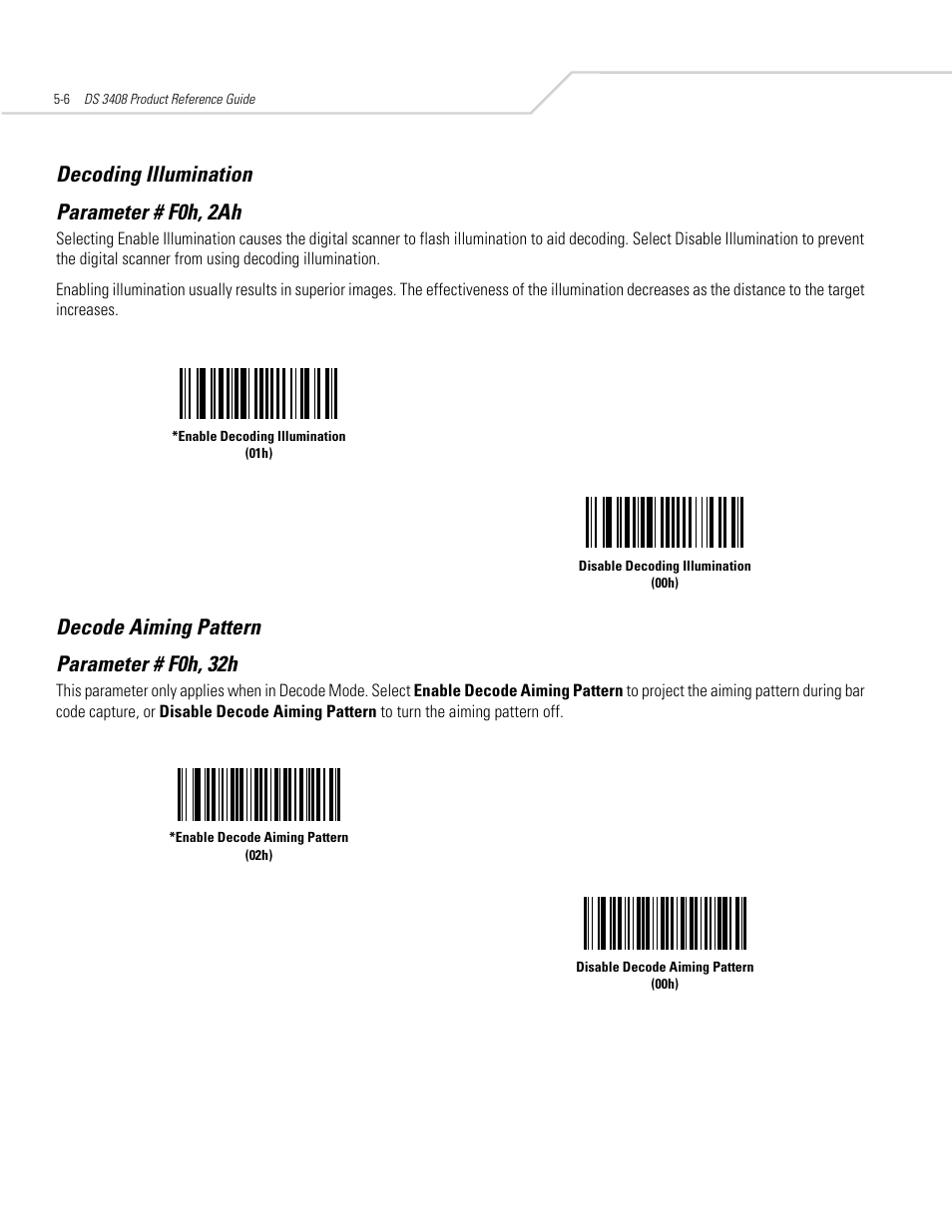 Decoding illumination, Decode aiming pattern, Decoding illumination -6 decode aiming pattern -6 | Decoding illumination parameter # f0h, 2ah, Decode aiming pattern parameter # f0h, 32h | Symbol Technologies DS 3408 User Manual | Page 60 / 396