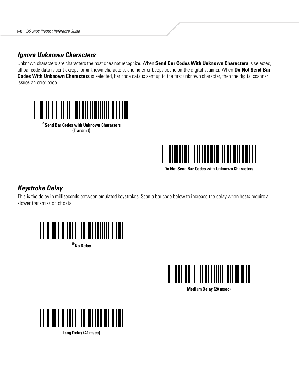 Ignore unknown characters, Keystroke delay, Ignore unknown characters -8 keystroke delay -8 | Symbol Technologies DS 3408 User Manual | Page 68 / 396
