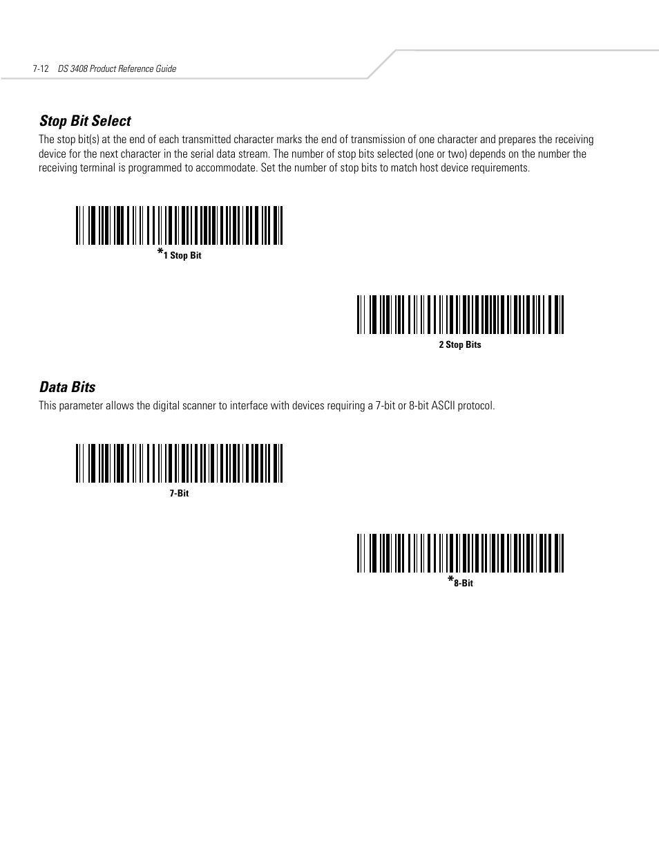Stop bit select, Data bits, Stop bit select -12 data bits -12 | Symbol Technologies DS 3408 User Manual | Page 94 / 396