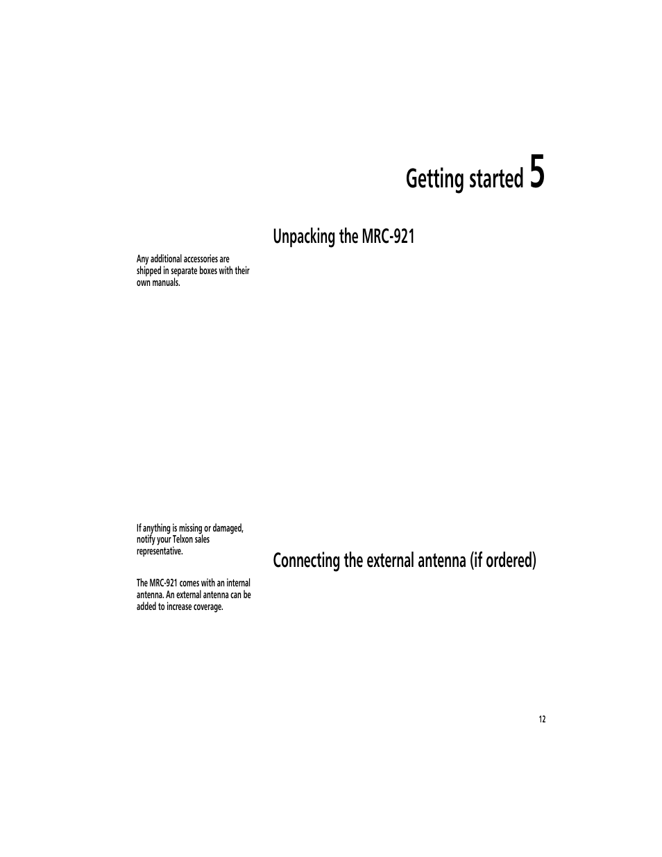 Getting started 5, Unpacking the mrc-921, Connecting the external antenna (if ordered) | Getting started | Symbol Technologies MicroBase MRC-921 User Manual | Page 14 / 37
