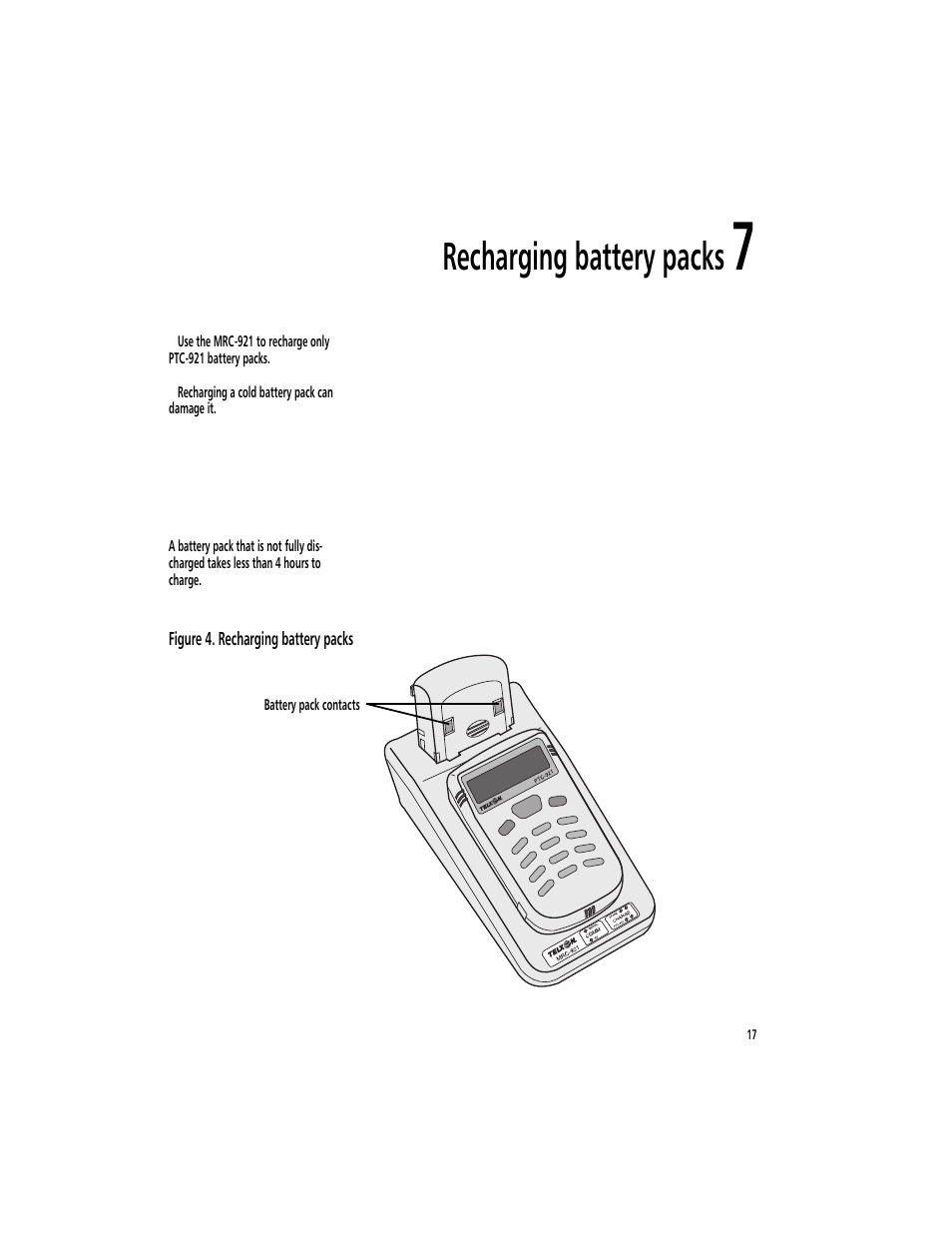Recharging battery packs 7, Recharging battery packs | Symbol Technologies MicroBase MRC-921 User Manual | Page 19 / 37