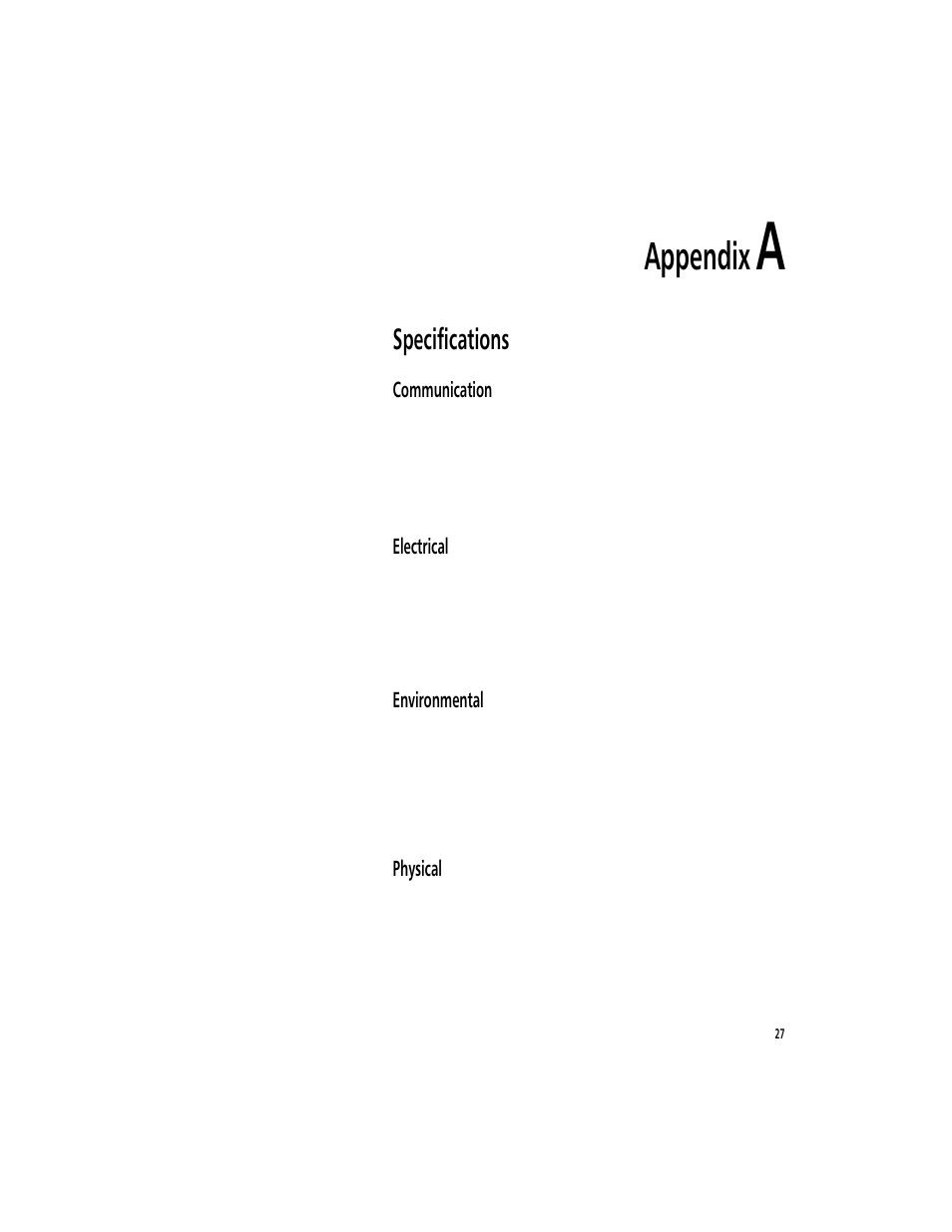 Appendix a, Specifications, Communication | Electrical, Environmental, Physical, Appendix | Symbol Technologies MicroBase MRC-921 User Manual | Page 29 / 37