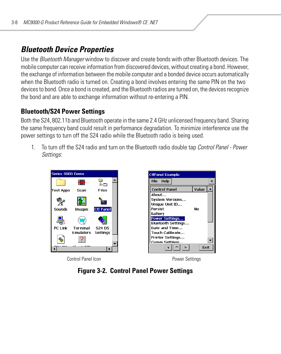 Bluetooth device properties, Bluetooth/s24 power settings, Bluetooth device properties -8 | Bluetooth/s24 power settings -8 | Symbol Technologies MC9000-G User Manual | Page 102 / 530