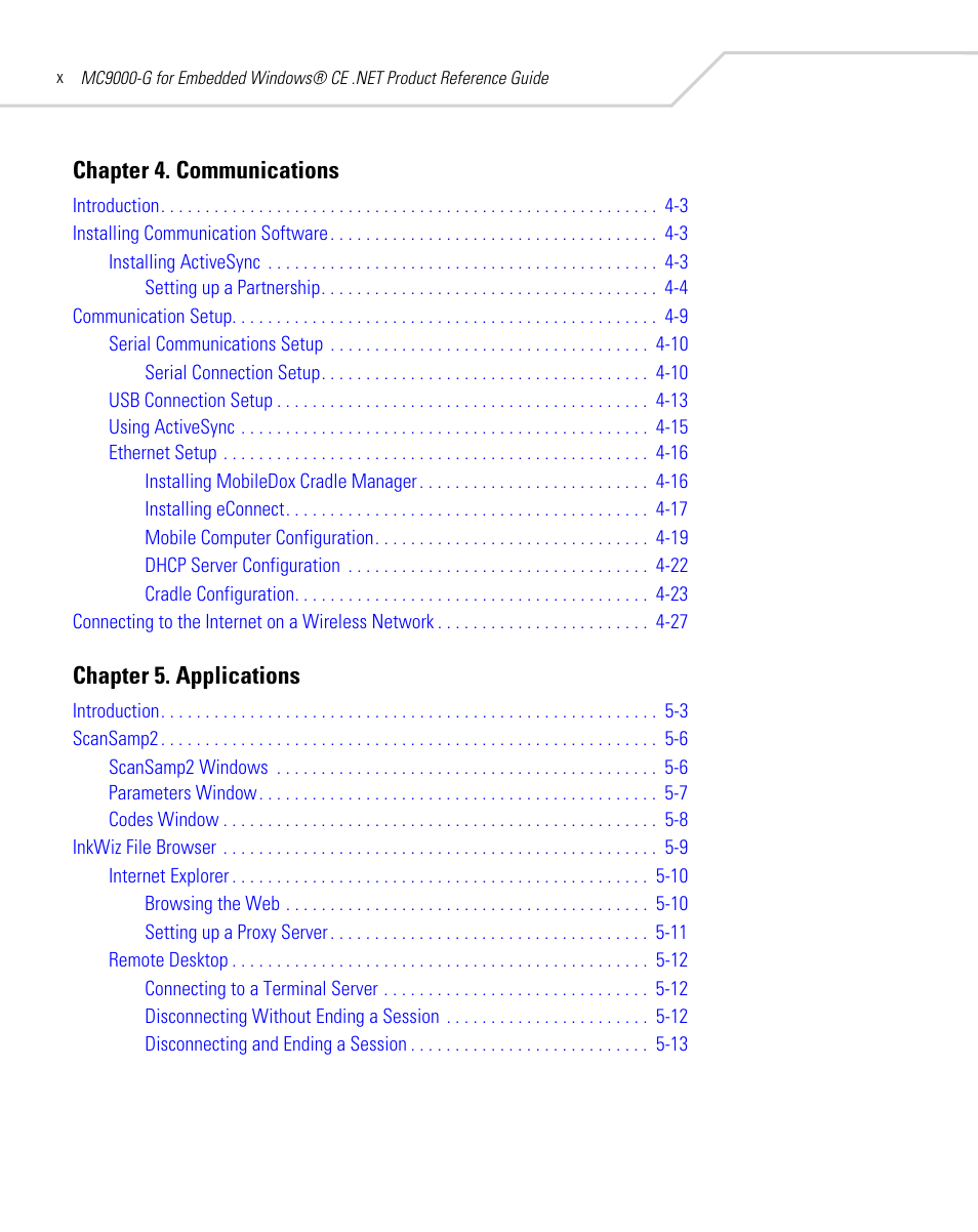 Chapter 4. communications, Chapter 5. applications | Symbol Technologies MC9000-G User Manual | Page 12 / 530