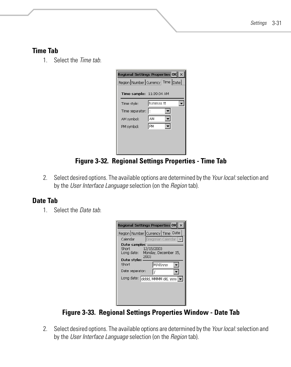 Time tab, Date tab, Time tab -31 date tab -31 | Symbol Technologies MC9000-G User Manual | Page 125 / 530