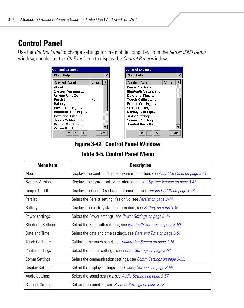 Control panel, Control panel -40, Table | Symbol Technologies MC9000-G User Manual | Page 134 / 530