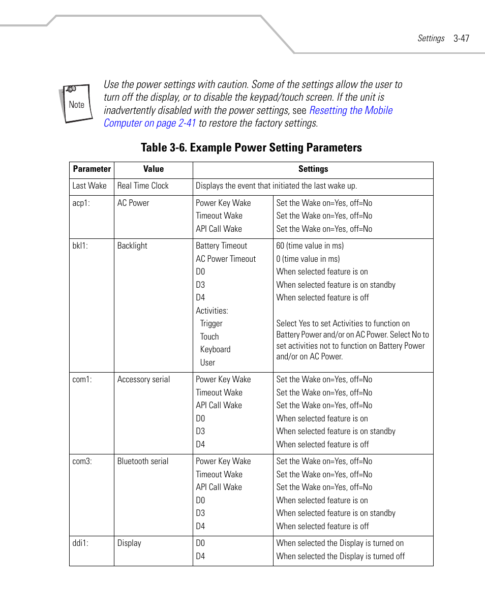 Table 3-6. example power setting parameters | Symbol Technologies MC9000-G User Manual | Page 141 / 530