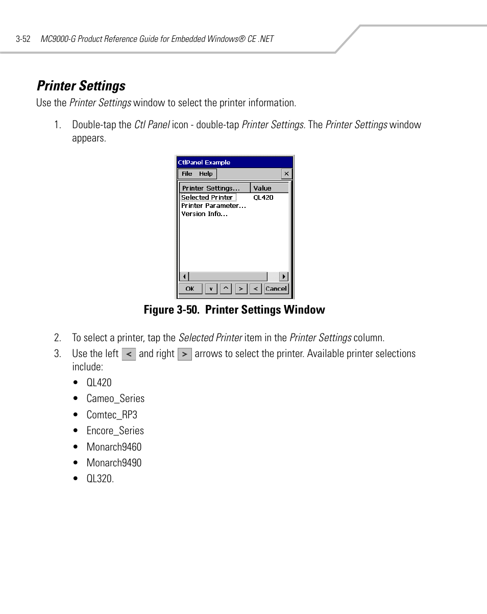 Printer settings, Printer settings -52 | Symbol Technologies MC9000-G User Manual | Page 146 / 530