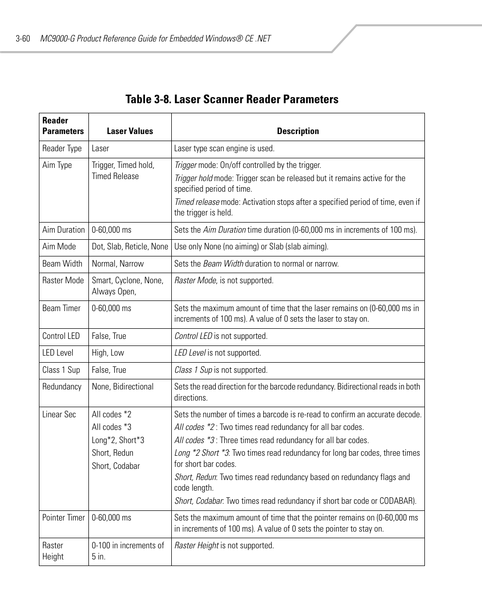 Table, Table 3-8. laser scanner reader parameters | Symbol Technologies MC9000-G User Manual | Page 154 / 530