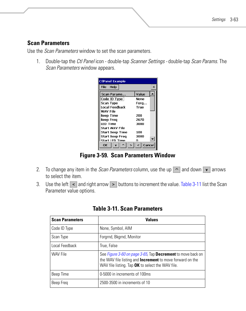 Scan parameters, Scan parameters -63, Figure 3-59. scan parameters window | Table 3-11. scan parameters | Symbol Technologies MC9000-G User Manual | Page 157 / 530